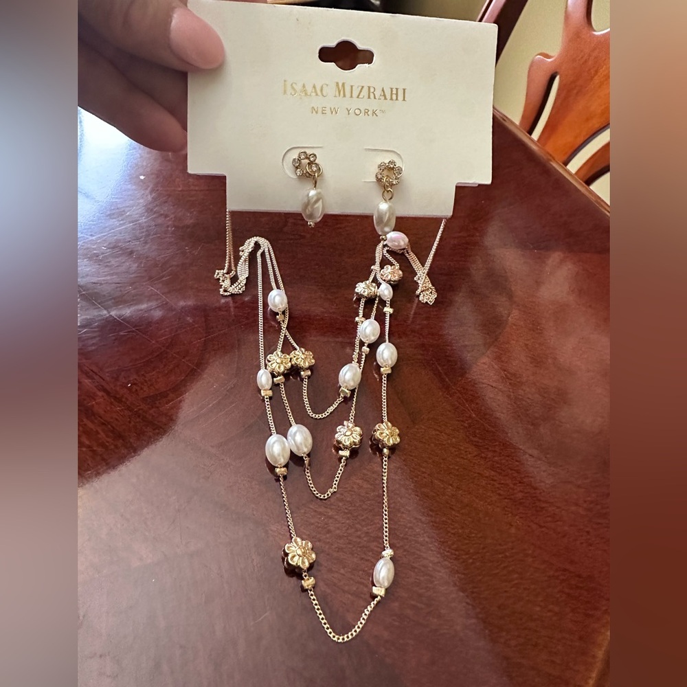 Isaac Mizrahi gold-tone‎ multi-strand necklace and earring set with faux pearls